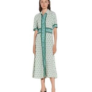 Sandro Naim Gathered Printed Woven Midi Shirt Dress Green Blue White SZ 40 US 8
